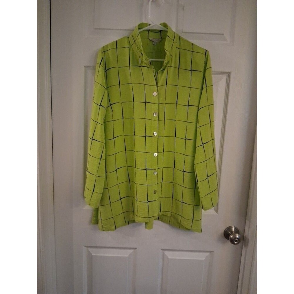 John Mark Button Up Tunic Top Shirt Roll Tab Sleeve Artsy Abstract Lagenlook Med